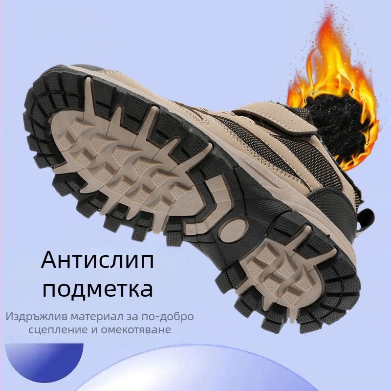 Детски обувки за разходки от памук, дебела флийс подплата, горна част от изкуствена кожа, модел с райета, подметка TPR, закопчаване с лепенка