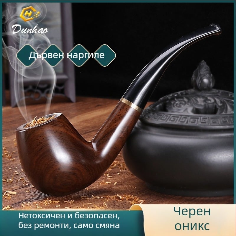 Ръчно изработена лула от ебонево дърво с извит мундщук, марка Canglan, код Ebony 508 — дървесен рисунък