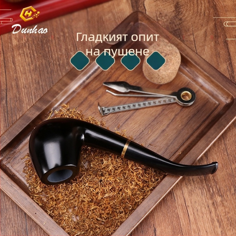 Ръчно изработена лула от ебонево дърво с извит мундщук, марка Canglan, код Ebony 508 — дървесен рисунък