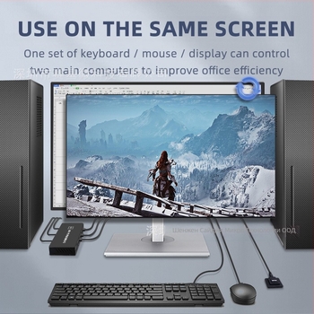 KVM превключвател – USB споделяне между две компютри за една клавиатура, мишка и принтер; поддържа резолюция до 4K60Hz и Windows 7