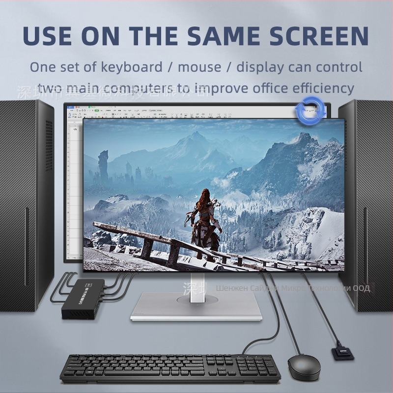 KVM превключвател – USB споделяне между две компютри за една клавиатура, мишка и принтер; поддържа резолюция до 4K60Hz и Windows 7