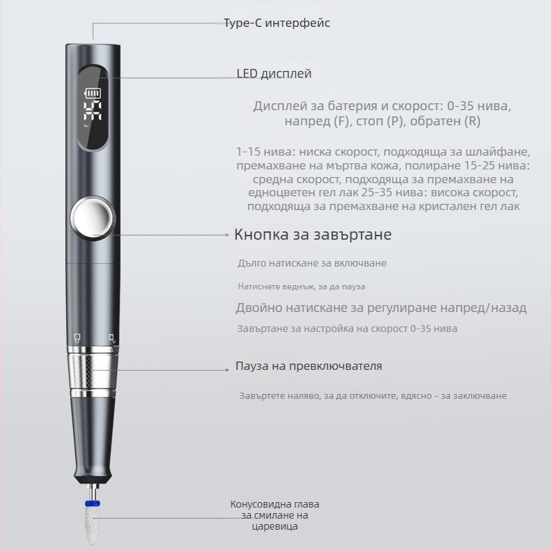 Полирач за нокти TMS-025 | Пластмасов корпус, тегло 136 g, Включено: основна единица, глава за шлифоване, заряден кабел, инструкция за употреба