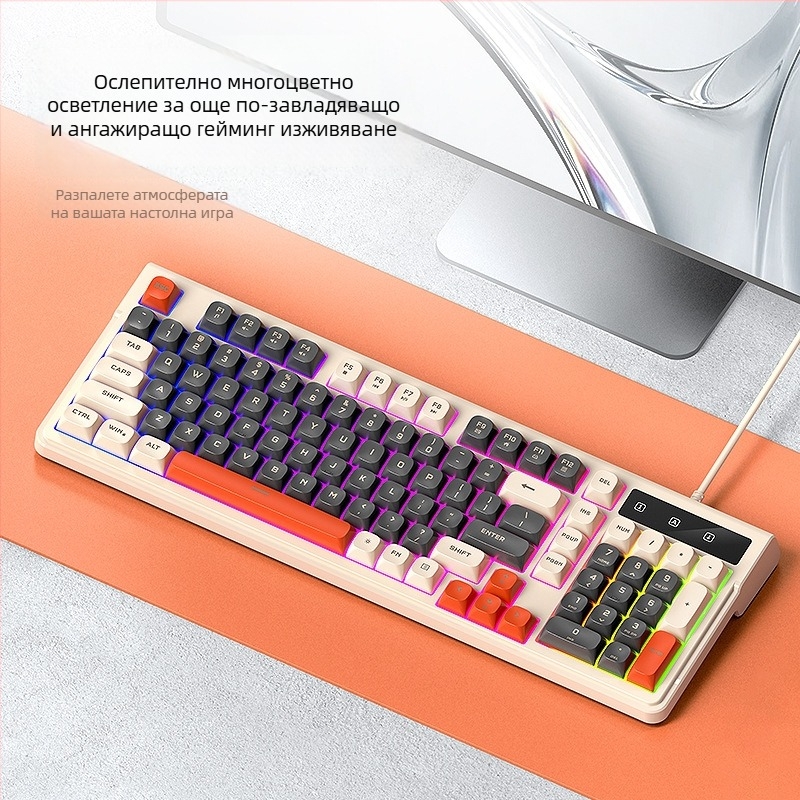T-Wolf Thunder Wolf T13 кабелна гейминг клавиатура, 98 клавиша, дизайн с цветни блокове, с подложка за китката, тиха работа, арабска и руска подредба