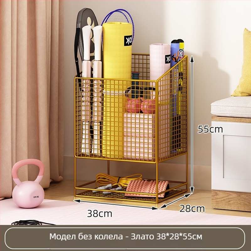 Съхранителна кошница за йога мат с колела, метална двуслойна конструкция, голям капацитет за фитнес оборудване