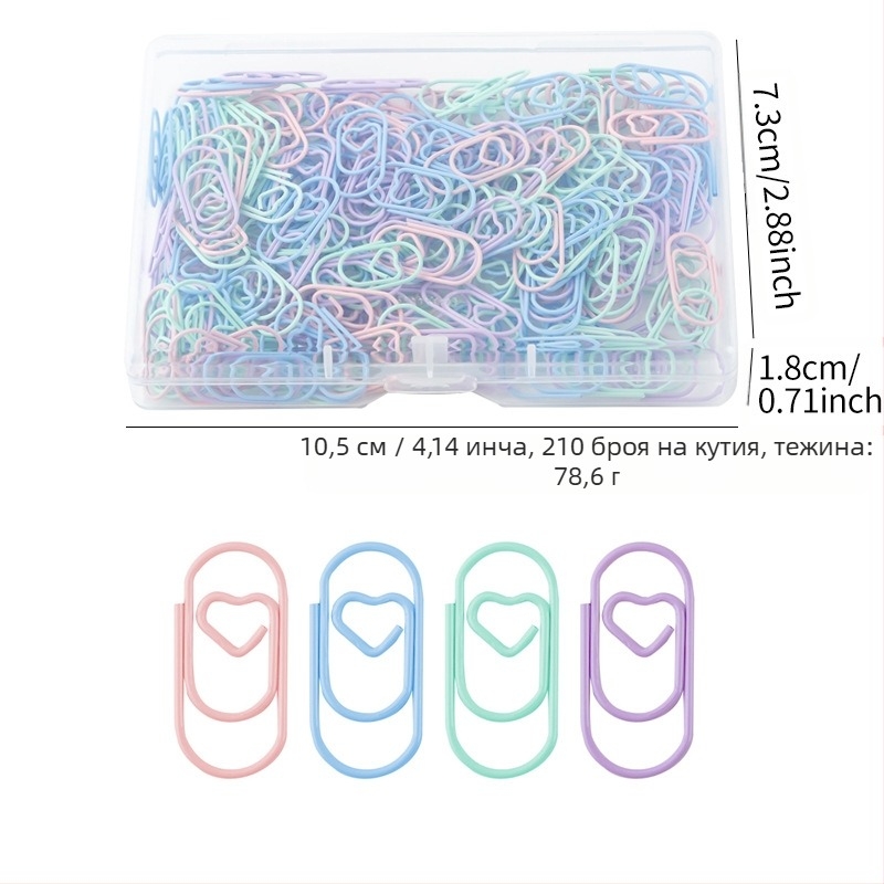 Мини сърцевидни метално-пластмасови кламери за хартия в прозрачна пластмасова кутия – офис канцелария