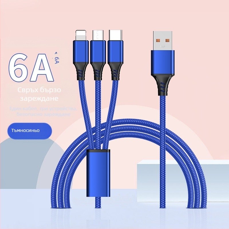 Найлоново усукан 3-в-1 кабел за зареждане с Lightning, Micro USB и USB-C, дължина 1–2 м, 6A бързо зареждане