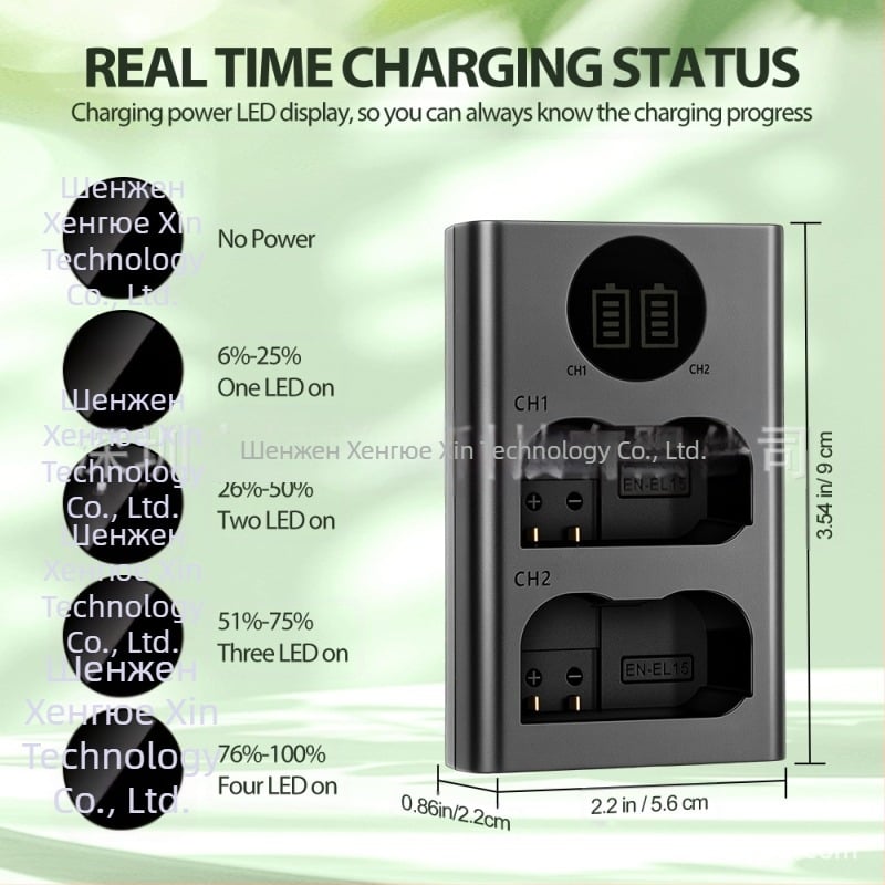 Двуканално зарядно за EN-EL15 батерия за Nikon D7000/D7100/D800/D800E/D610 с USB-C вход и LED индикатор