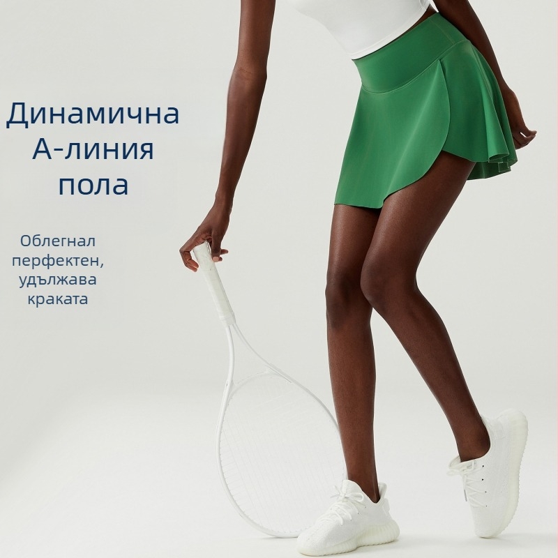 Женска спортна пола за тенис и фитнес с нежен найлон и подплата CoolMax, модел с райета; 75% найлон + 25% спандекс; подплата: 31% CoolMax + 61% полиестер + 8% спандекс; подходяща за лято, пролет и есен