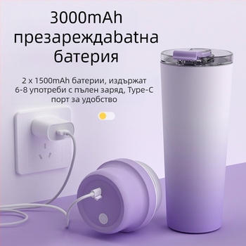 Преносима неръждаема стомана сокоизстисквачка-чаша с вградена батерия, 60W, 22001 RPM+, 5+ остриета, вътрешен съд 304 неръждаема стомана, изолирана