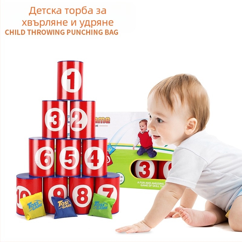 Игра за хвърляне на пясъчни торбички за деца - пластмасова конструкция, хвърляне, клас пясъчни торбички, развива захват, координация ръце-око и комуникация родител-дете, за деца 4–6 години