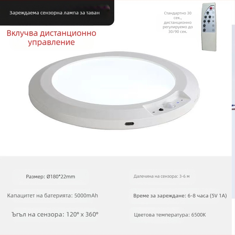 LED таванна лампа с инфрачервен сензор за движение, нощна лампа за гардероб с дистанционно управление