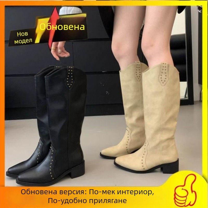 Женски каубойски ботуши в стил Уестърн с ресни, висок голенищен модел, кръгъл пръст, без връзки, Ultra-Fine Fiber горна част, гумена подметка