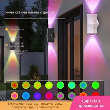 Стенна лампа с датчик за движение, батерийно захранване, двойна глава, магнитно зареждане, ABS пластмасова конструкция
