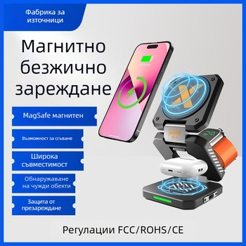 Магнитно безжично зарядно три в едно, сгъваем дизайн в стил Mecha, PD/QC3.0, 15W, 2A