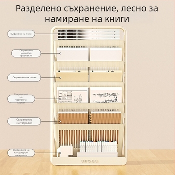 Подово стояща 5-етажна библиотека и страничен органайзер за бюро в класна стая, сгъваем пластмасов, модерен минималистичен стил