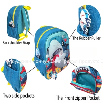 Ученическа раничка за деца с принт акула, Oxford плат, дишаща и износоустойчива, извити презрамки