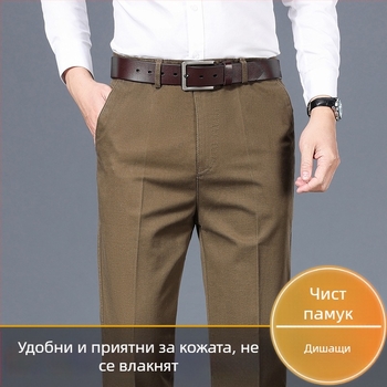 Зимни мъжки панталони от 100% памук с флисово вътрешно подсилване, права кройка, свободен силует, дълги, за мъже на средна възраст