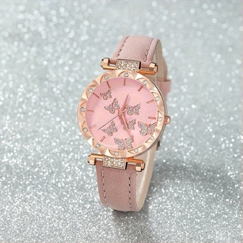 Дамски часовник с кожена каишка, пеперуда с диаманти — минималистичен кварцов часовник със стъклен циферблат
