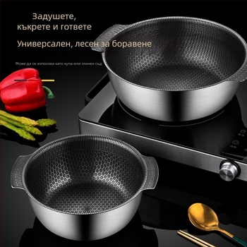 Многофункционален комплект съдове от неръждаема стомана с двойни дръжки — купа за салата, купа за нудели, купа за печене; съвместим с индукция и газ; незалепващо покритие; капацитет 1.1–2 л