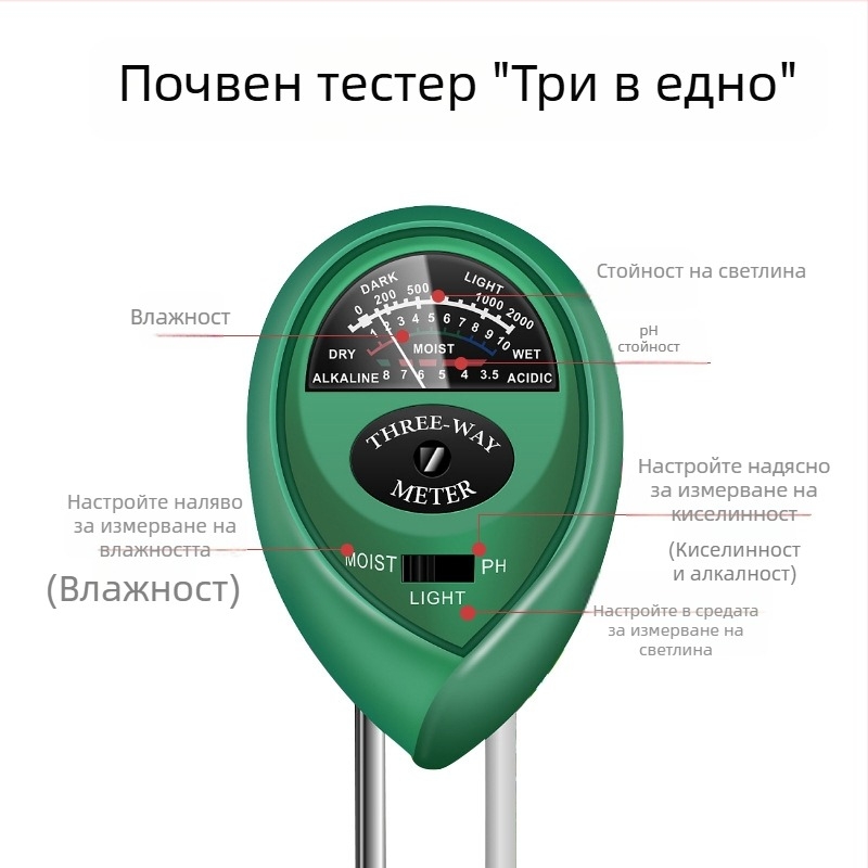 3-в-1 тестер за почва: влажност, pH и хранителни вещества за растения, с кръгла глава на датчика