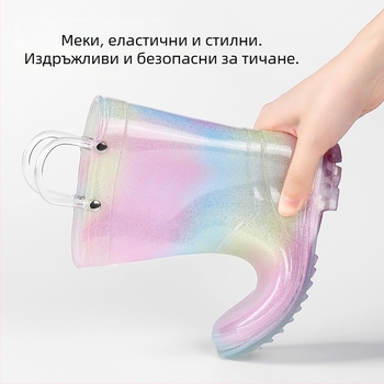 Детски принцески дъждовни ботуши - прозрачни с дъга, неплъзгащи PVC ботуши за деца