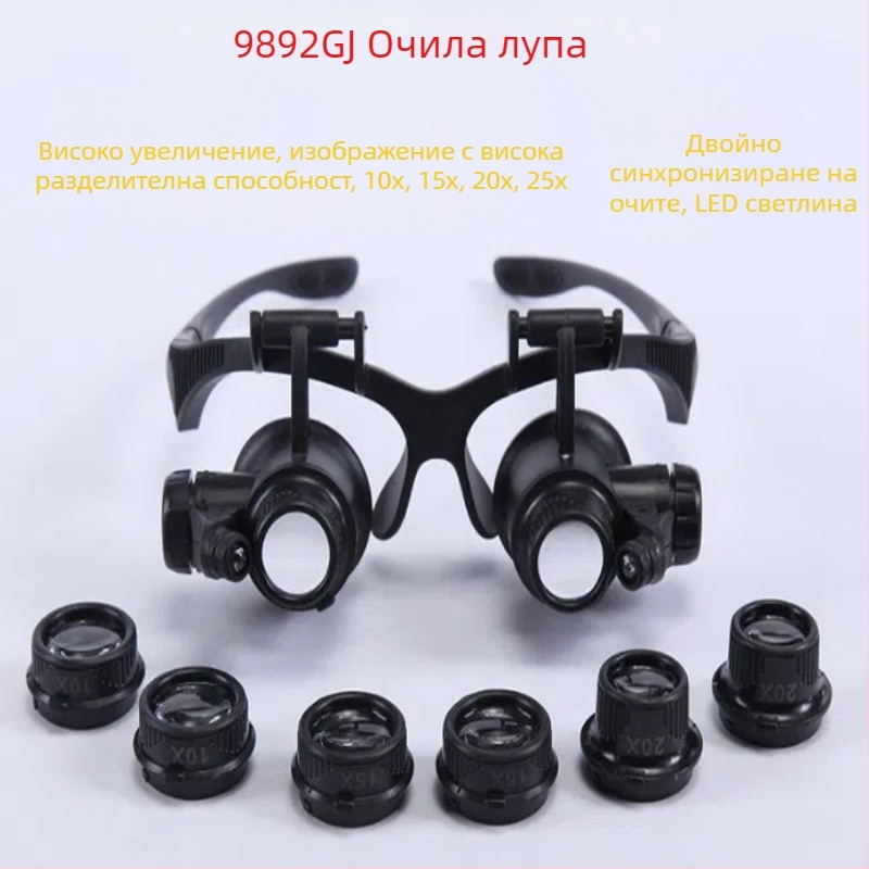 HD очила-лупа за глава с увеличение 10x–25x и LED светлина за оценка на антики, бижута и часовници