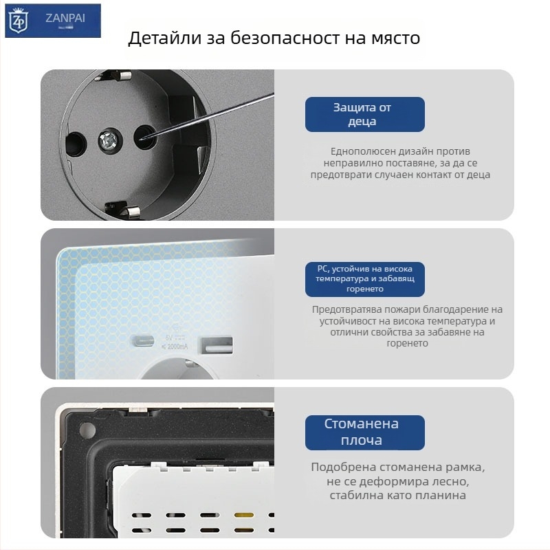 Zan Brand Скрита стенна розетка по европейски стандарт, тип 86, 16A, USB-A и Type-C 2A