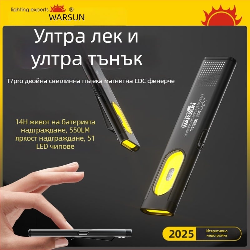 Wolson T7Pro фенерче — зареждащ се, ултраярно, компактно за открито, мини ремонтна лампа за работа