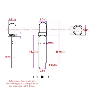 LED индикатор с директно включване, 3 мм червен LED, висока яркост, F3