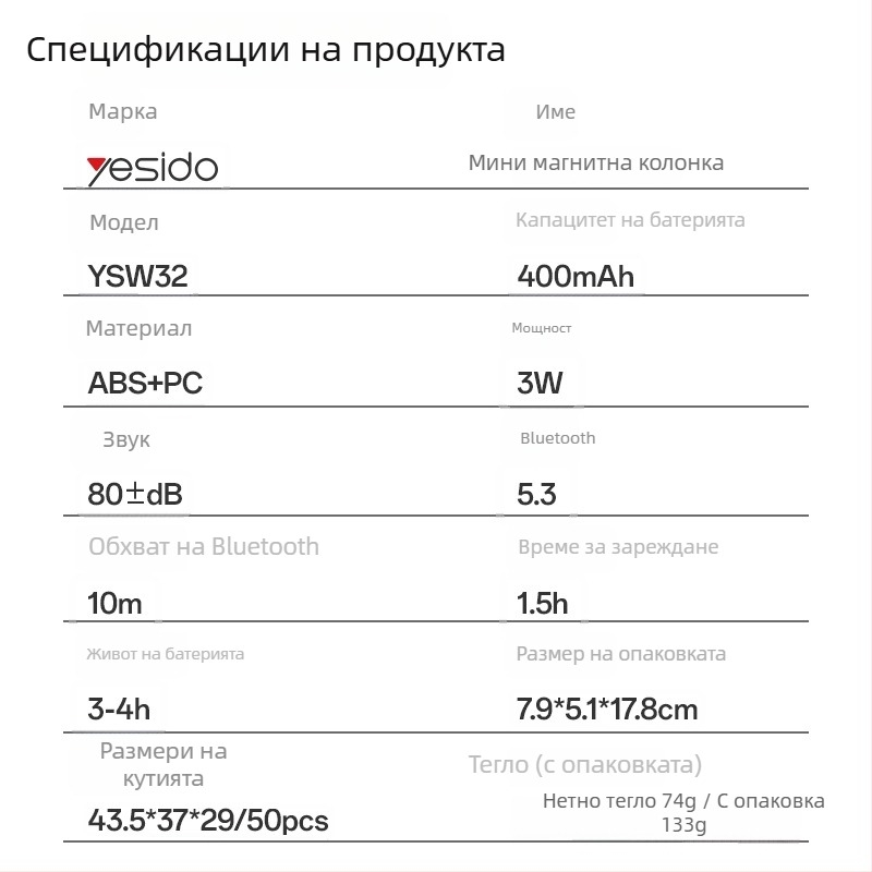 Yesido Bluetooth колонка, портативна, миниатюрна атмосферна светлина, магнитен дизайн
