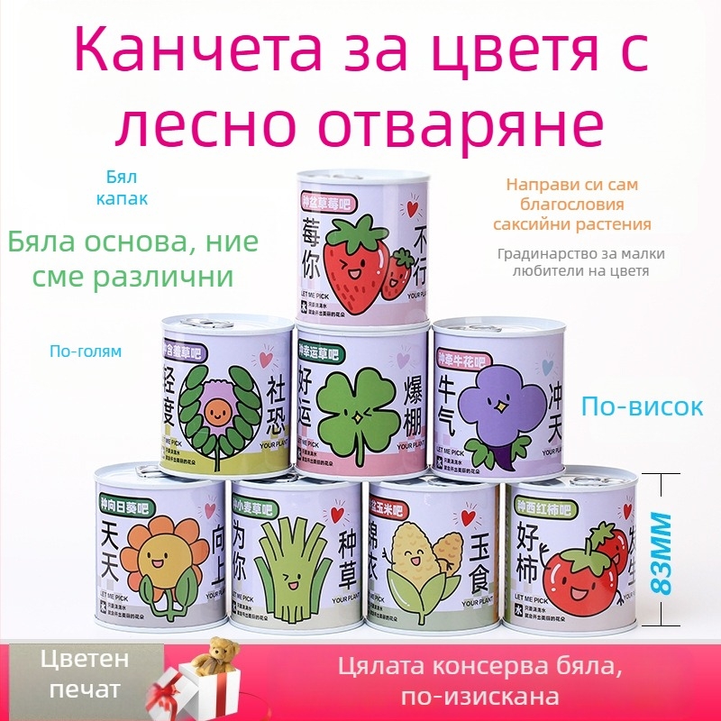Десктоп комплект мини растения в консервена кутия със семена: слънчоглед, ягоди, домат и детелина — лесни за отглеждане, ниска поддръжка; идеален подарък за ученици и бюро.