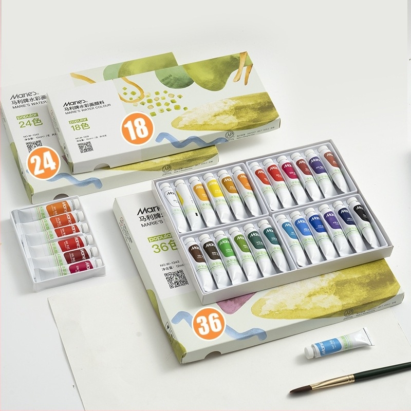 Marie's акварелни бои - комплект от 24 цвята, опции 12/18/24 цвята, обем 5 ml или 12 ml, художествени материали за рисуване