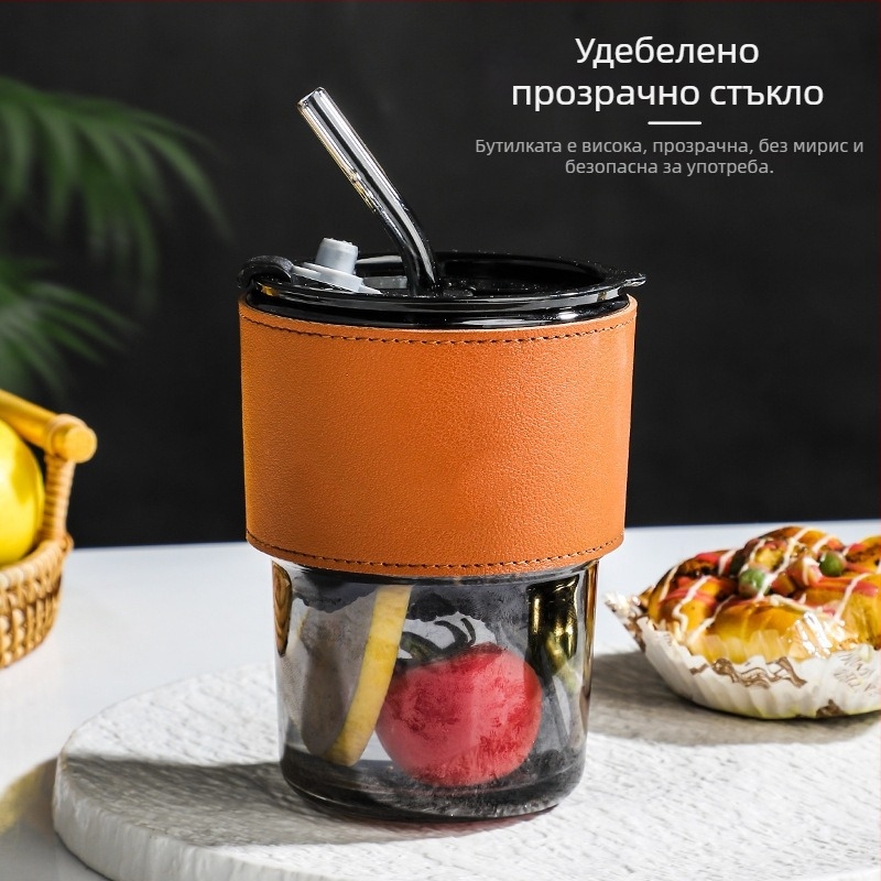 Прозрачна стъклена чаша със сламка и капак, преносима за мляко и кафе, фън шуй дизайн