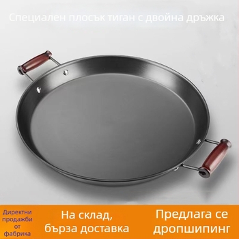 Тиган от ковано желязо без покритие, с две дръжки, плоско дъно, за пържене; подходящ за газ и индукционни котлони.