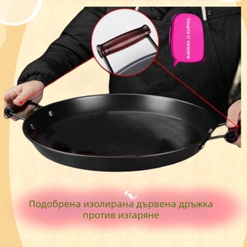 Тиган от ковано желязо без покритие, с две дръжки, плоско дъно, за пържене; подходящ за газ и индукционни котлони.