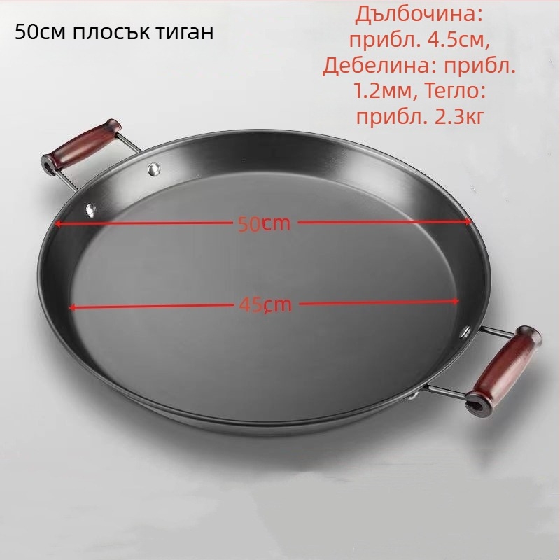 Тиган от ковано желязо без покритие, с две дръжки, плоско дъно, за пържене; подходящ за газ и индукционни котлони.