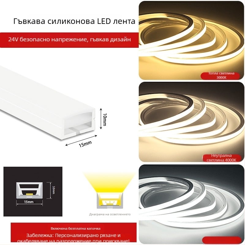 Гъвкава LED лента със силикон, 12V/24V, водоустойчива, самозалепваща, вградена линейна канална система