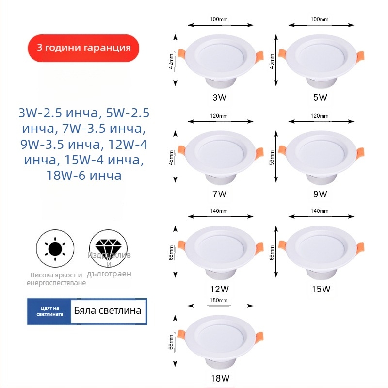 Ултратънък LED вграден таванен downlight, антиблясък, триецветно димерване, интериорно приложение, 2,5-инчова