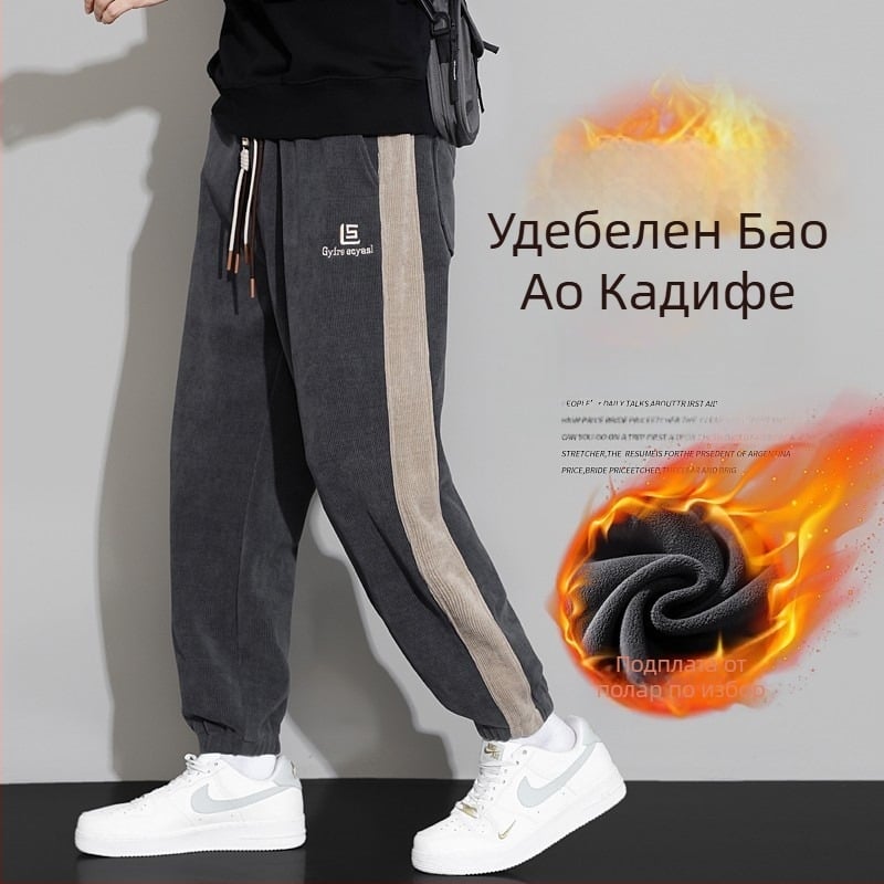 Мъжки панталони Corduroy с подплата от fleece, удебелени, еластична талия и връзка, плюс размер, за работа през есен-зима
