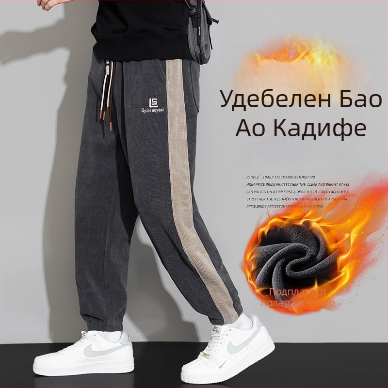 Мъжки панталони Corduroy с подплата от fleece, удебелени, еластична талия и връзка, плюс размер, за работа през есен-зима