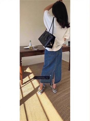 Дънкова пола за бременни, средна дължина, подпомагаща корема, с предна цепка, дънкова материя (памук 90–95%)