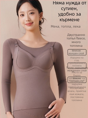 Майчин кърмен топ с отвор за кърмене и вградени подплънки, зимна термо блуза, Slim fit, 3/4 ръкав, кръгла яка, модел 2025