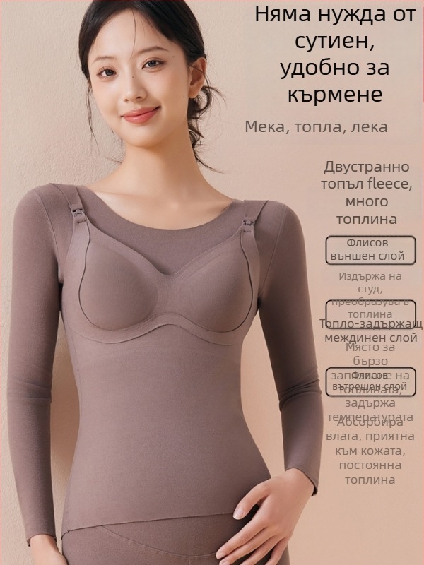 Майчин кърмен топ с отвор за кърмене и вградени подплънки, зимна термо блуза, Slim fit, 3/4 ръкав, кръгла яка, модел 2025