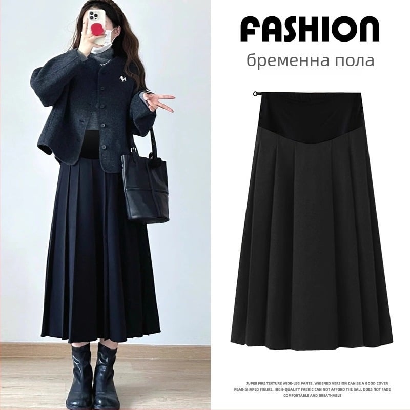 За бременни: плисирана вълнена пола миди с А-линия и покритие на ханша, 95%+ съдържание на вълна, плътна тъкан, зимен стил