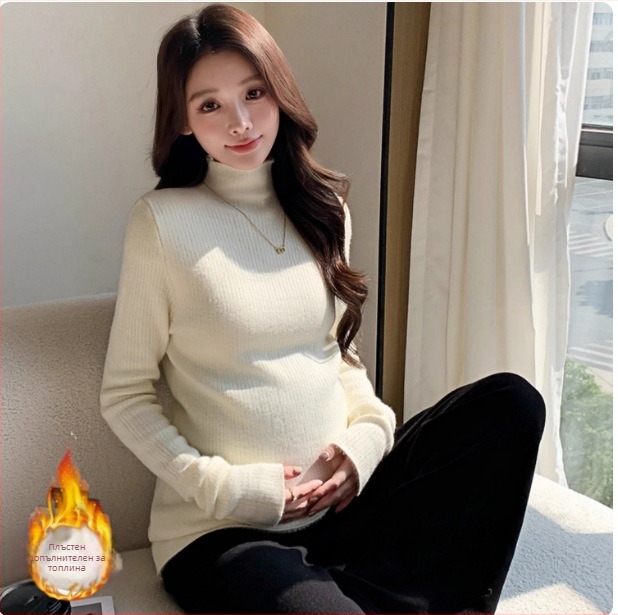 Бременна плетена блуза с висок гърло, флийс подплата за есенно-зимна топлина, с тясна кройка