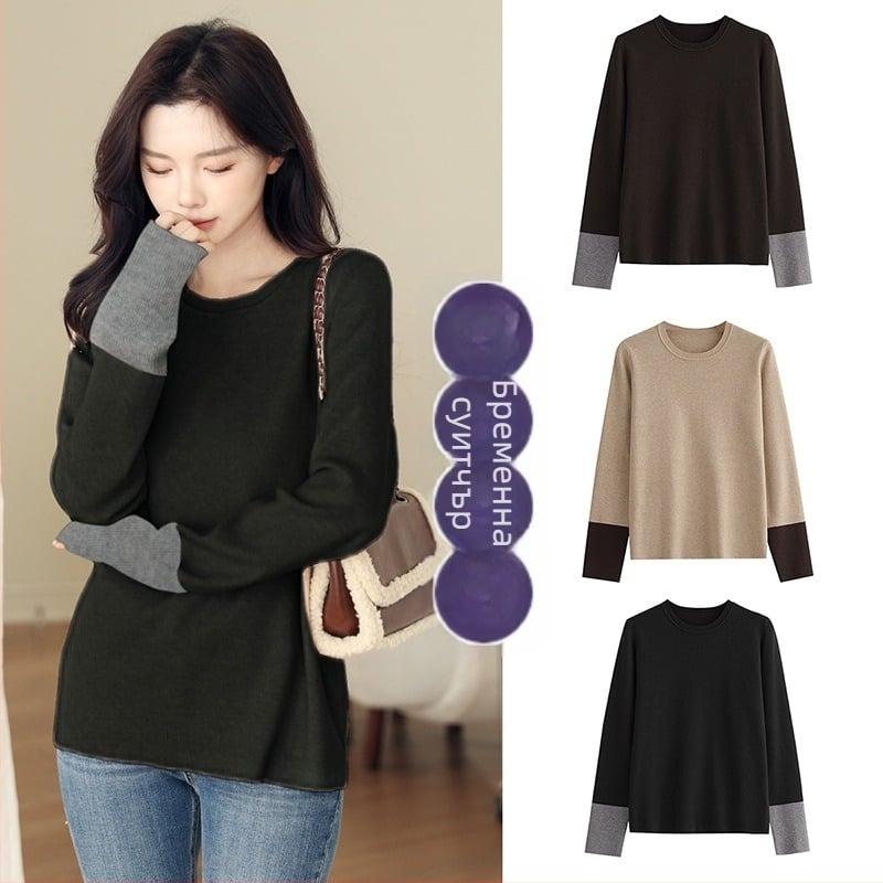 Пуловер за бременни, средна дължина, кръгло деколте, дълги ръкави, акрилна материя с 50–70% съдържание на найлон