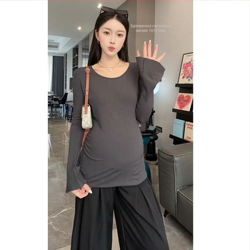 Двучастков комплект за бременни: топ с поло яка, ръкави 3/4, памук, ретро стил