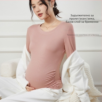 Майчин базов топ с дантела, вискоза, дълга кройка, кръгла яка, ръкав ¾