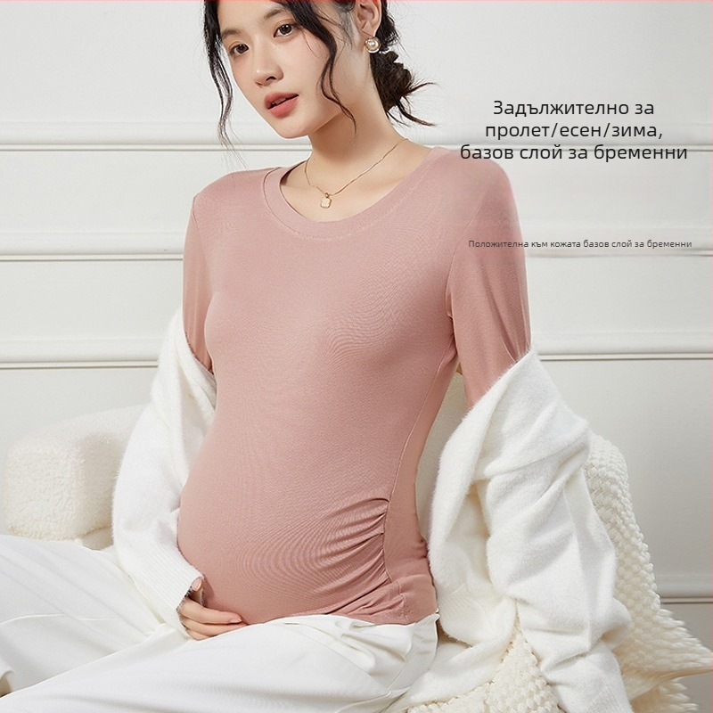 Майчин базов топ с дантела, вискоза, дълга кройка, кръгла яка, ръкав ¾