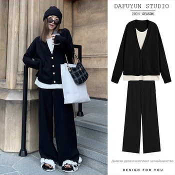 Костюм с дълги ръкави от акрил, съдържание на акрил 70–80%, еднотонен модел, японско-корейски стил за свободно ежедневие.